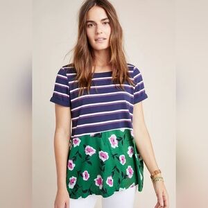 Anthropologie Sonja Stripes Floral Mixed Media Short Sleeve Tee Blouse Size 3X